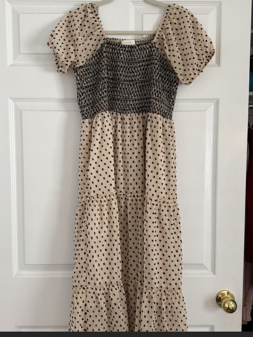 Bohme Women's Smocked Swiss Clip Dot Tiered Maxi Dress in Beige